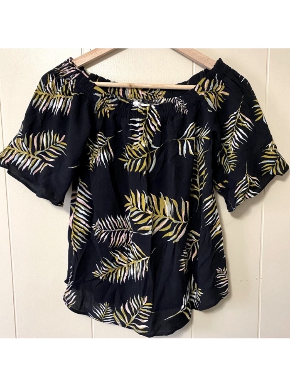 Maurices Black Tropical Leaf Off-Shoulder Blouse